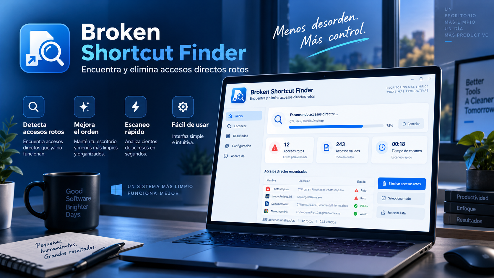 Broken Shortcut Finder detectando accesos directos rotos en Windows
