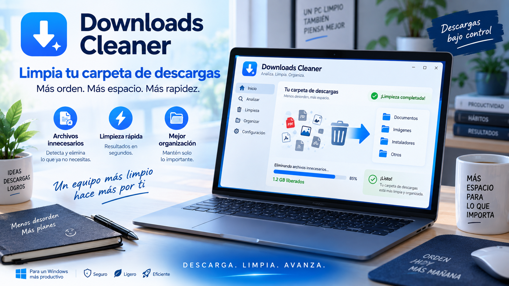 Downloads Cleaner organizando archivos antiguos de la carpeta Descargas
