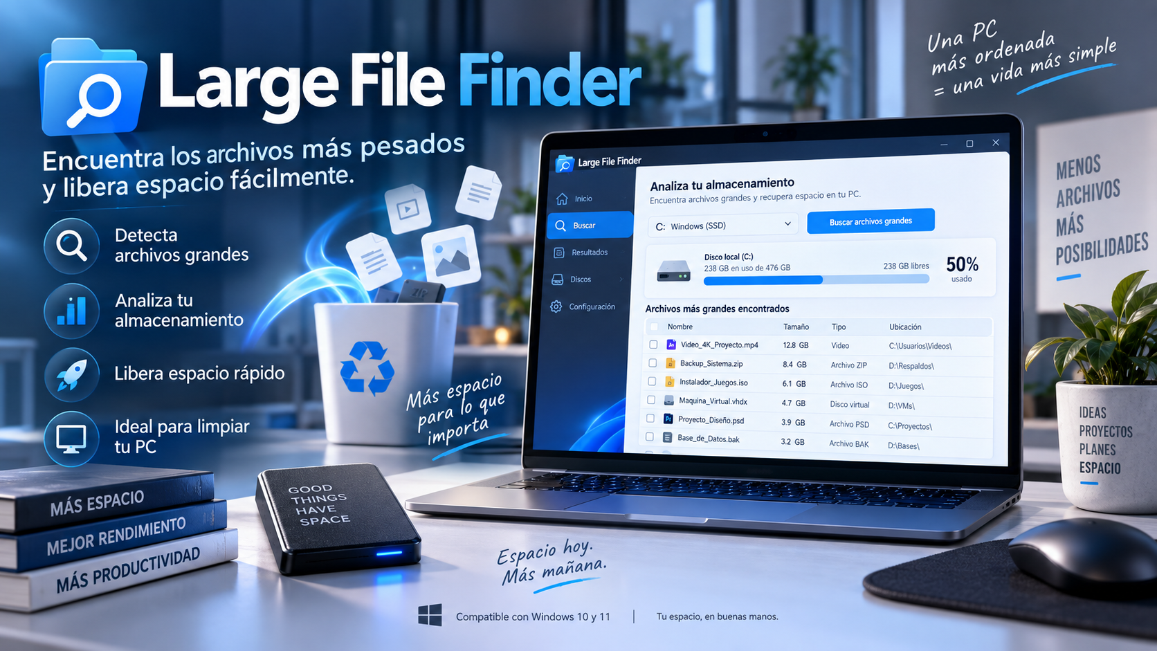 Large File Finder mostrando archivos que ocupan mucho espacio en Windows