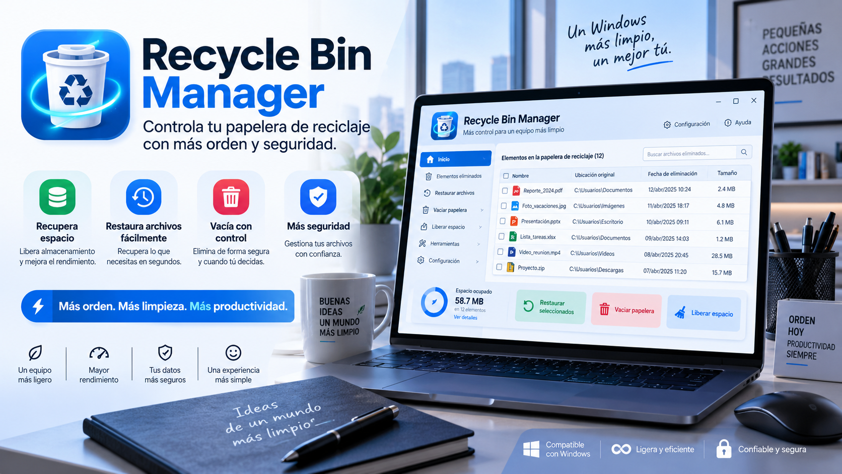 Recycle Bin Manager mostrando archivos de la Papelera de reciclaje de Windows